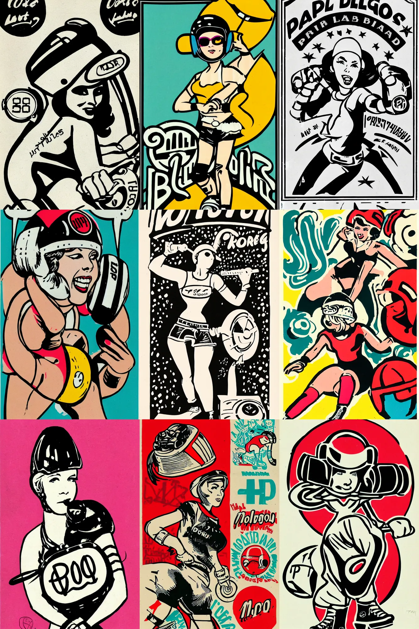 Prompt: illustrated logo, pretty roller derby girl, wearing roller derby helmet, mcbess, 1960s, carrying a tray of whoop