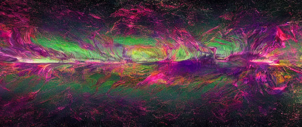 Image similar to dream landscape, simulation, glitch art, generative art, volumetric object, physical particles, translucence, cinematic lighting, iridescence, by ash thorpe