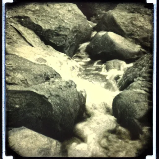 Image similar to a deep dark hole in the ground with rushing water at the bottom, creepy, eerie, unsettling, terrifying, jagged rocks, dark, old polaroid, expired film,