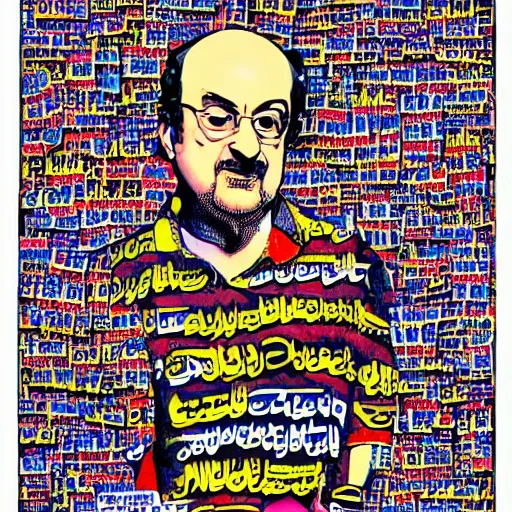 Image similar to salman rushdie in the style of daniel johnston and outsider art, 4 k, overlaid with arabic text