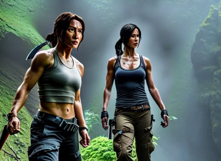 Image similar to film still of!!!! jackie chan jackie chan jackie chan!!! as lara croft in new tomb raider movie, 8 k