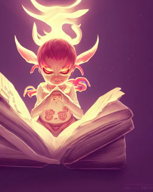 Image similar to a tiny adorable demon meditating, wrapped in sacred parchment with glowing text, smooth, intricate, elegant, digital painting, artstation, power runes, pulsing energy, concept art, sharp focus, octane render, illustration, art by shintaro kago and james jean, overwatch character,