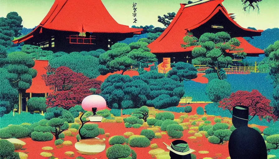 Prompt: Japan rural splendor travel and tourism c2050, surrealist psychedelic photo-collage painting in the style of Newsweek magazine, +81 magazine, Magritte, Roger Dean, Yoshio Awazu, vivid color