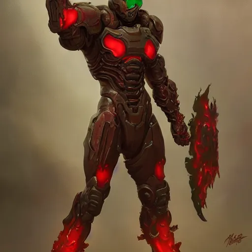 Image similar to doom eternal, mutant, translucent armor fused with the body, painted by stanley lau, painted by greg rutkowski, painted by stanley, artgerm, masterpiece, digital art, trending on arts