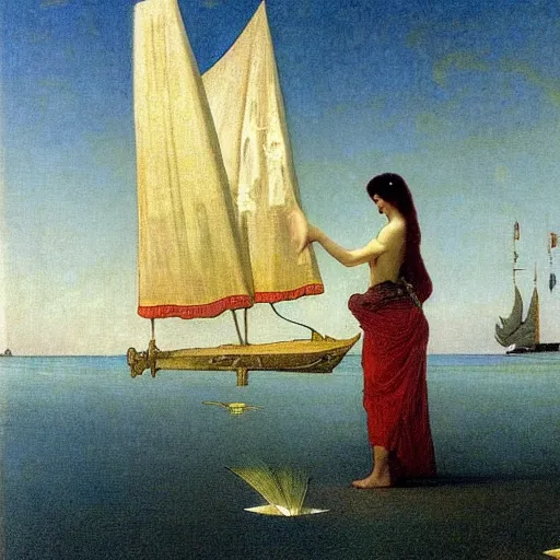 Image similar to The beach castle, sail boat on the background, major arcana palace occult, by paul delaroche, alphonse mucha and arnold böcklin arnold böcklin hyperrealistic 8k, very detailed