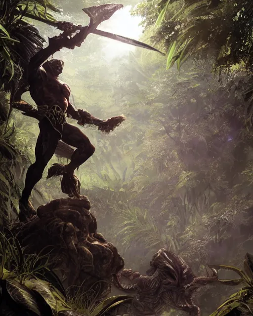 Image similar to Panther warrior in armor sneaking in jungle, portrait, magic the gathering artwork, D&D, fantasy, cinematic lighting, centered, symmetrical, highly detailed, digital painting, artstation, concept art, smooth, sharp focus, illustration, volumetric lighting, epic Composition, 8k, art by Akihiko Yoshida and Greg Rutkowski and Craig Mullins, oil painting, cgsociety