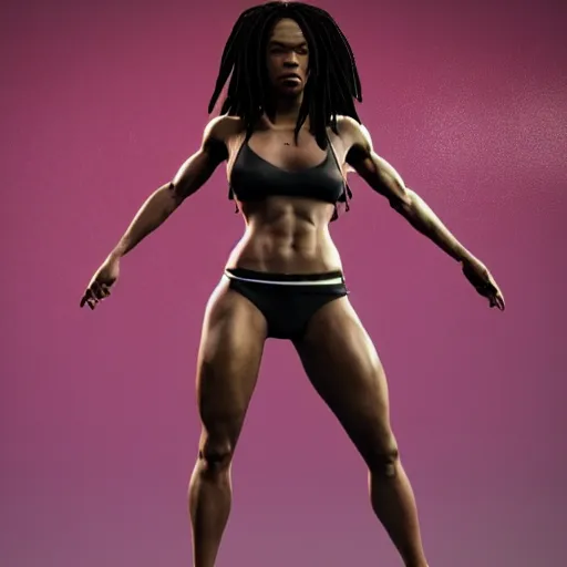 Prompt: 3 d render of a full female body, a very attractive black woman with long dreadlocks, stoic face, chiseled abs, wearing fitness gear, dead or alive 6, tekken 7, rumble roses, thick legs, highly detailed, artstation, super realistic, unreal engine