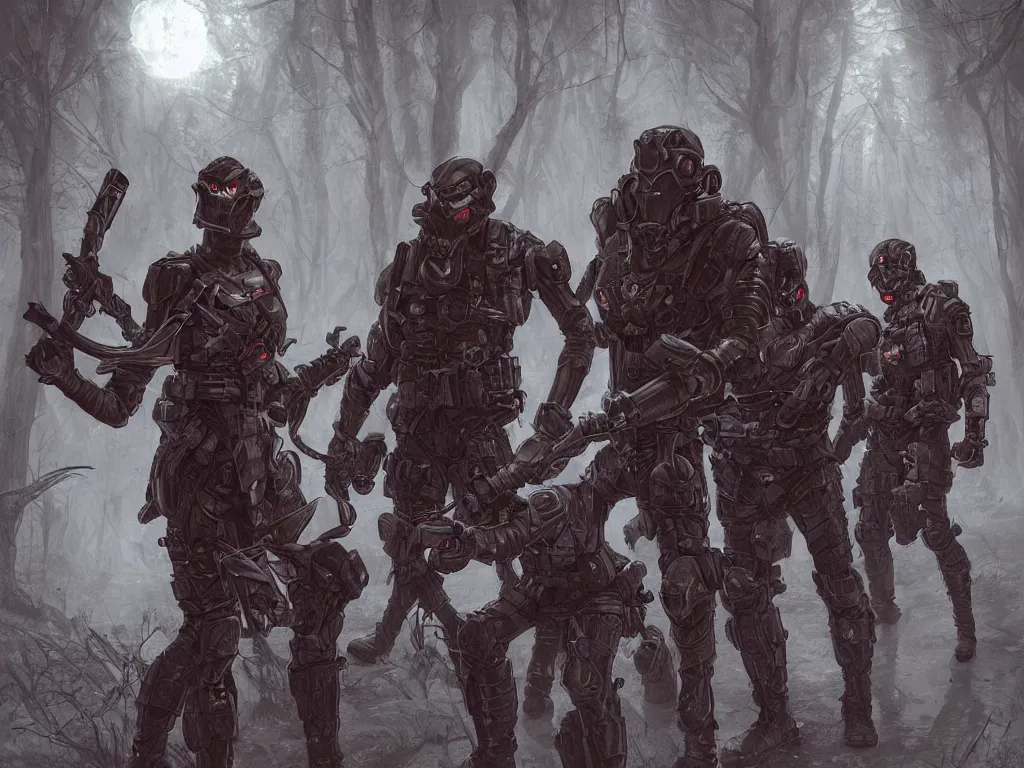 Prompt: A tactical combat unit in red hoods with dieselpunk-style exoskeletons, armed with edged weapons, battles otherworldly werewolf monsters between mystical misty swamps. Style as if Dan Mumford and Steven Belledin make game in Unreal Engine, photorealism, colorful, finalRender iridescent fantasy concept art 8k resolution concept art ink drawing volumetric lighting bioluminescence, plasma, neon, brimming with energy, electricity, power, Colorful Sci-Fi Steampunk Biological Living, cel-shaded, depth, particles, lots of reflective surfaces, subsurface scattering