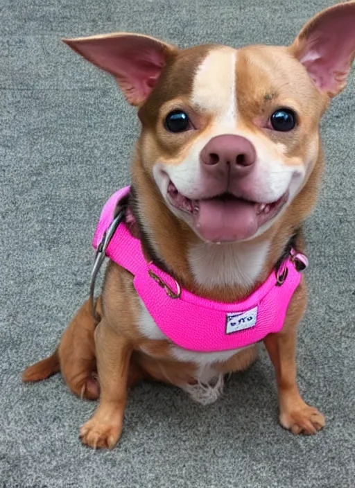 Image similar to fully grown tan pit bull, long - haired chihuahua, pomeranian mix, wearing a pink harness