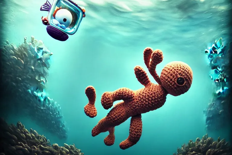 Prompt: a baby crochetbunny diving underwater. cute, illustration, digital art, inspired by little big planet, by greg rutkowski, sharp, masterpiece, highly detailed, photorealistic, octane render, 8 k, unreal engine 5, trending on artstation, vivid colors