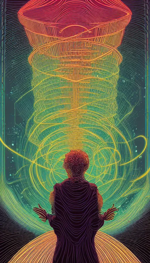 Image similar to the ancient oracle of the luminous fireflies, futurism, dan mumford, victo ngai, kilian eng, da vinci, josan gonzalez