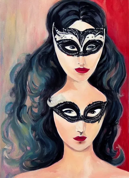 Prompt: a beautiful woman wearing an elaborate masquerade mask and matching ballgown, looking at the viewer with an alluring expression. painting by magali villanueve