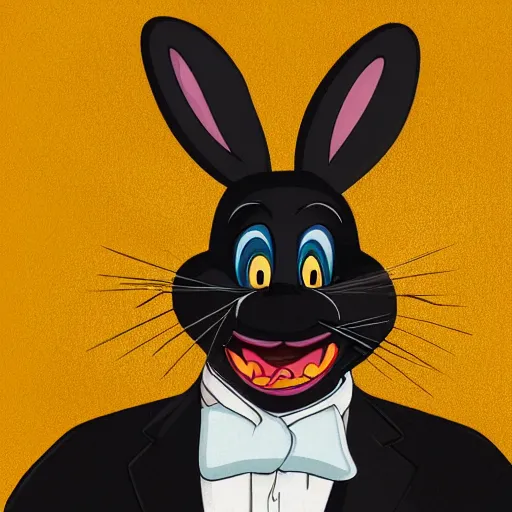 Image similar to A extremely highly detailed majestic hi-res beautiful, highly detailed head and shoulders portrait of a scary terrifying, horrifying, creepy goofy black cartoon rabbit with scary big eyes, earing a shirt laughing, hey buddy, let's be friends, in the style of Walt Disney