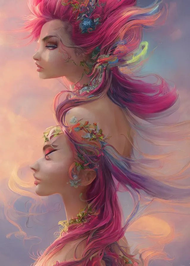 Image similar to a colorful and provenance illustrations painting of the fantasy female who with floral wing, highly detailed, her hair made of hair made of air wind and curling smoke, mist, dust, genie, spirit fantasy concept art, art by ketner and jeremiah, trending on artstation.