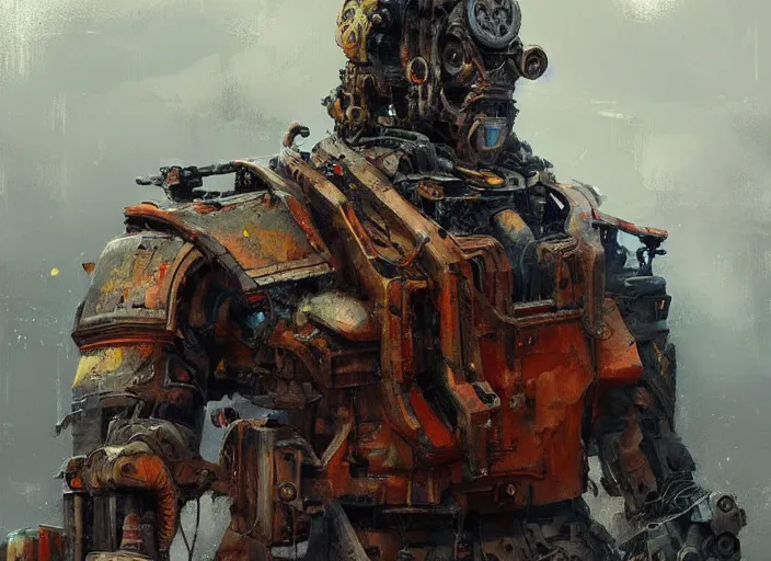 Image similar to a man made out of broken machine parts, warm colors, cinematic dramatic atmosphere, oil painting by jama jurabaev, extremely detailed, brush hard, artstation, for aaa game, high quality, brush stroke