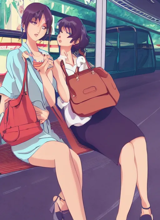 Image similar to two beautiful mature women waiting at a bus stop, summer clothes, gorgeous faces, thick lines, cinematic lighting, detailed anime art