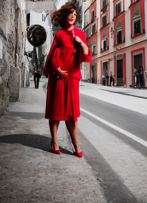 Image similar to color Close-up portrait of a beautiful 35-year-old Italian woman, wearing a red outfit, candid street portrait in the style of Martin Schoeller award winning, Sony a7R