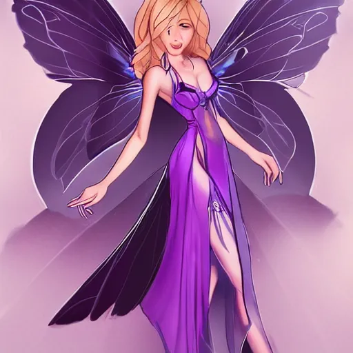 Image similar to very very very beautiful tiny fairy woman in her 20s with fairy wings wearing skintight purple dress, making eye contact, smiling, flirty, perfect body, perfect face, drawn by artgerm