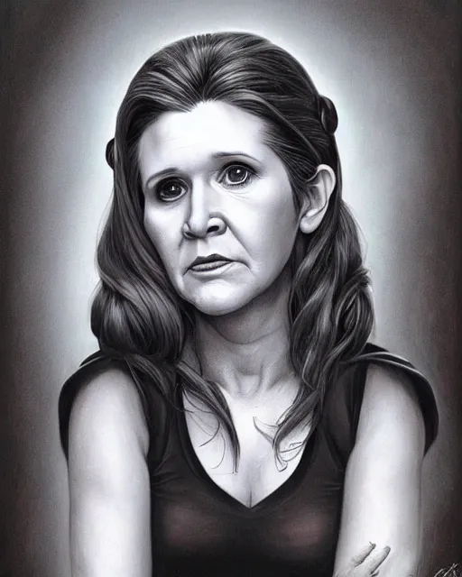 Prompt: portrait of carrie fisher, gritty, dark, very detailed eyes, hyperrealistic, very detailed painting by Glenn Fabry, by Joao Ruas, by Artgerm