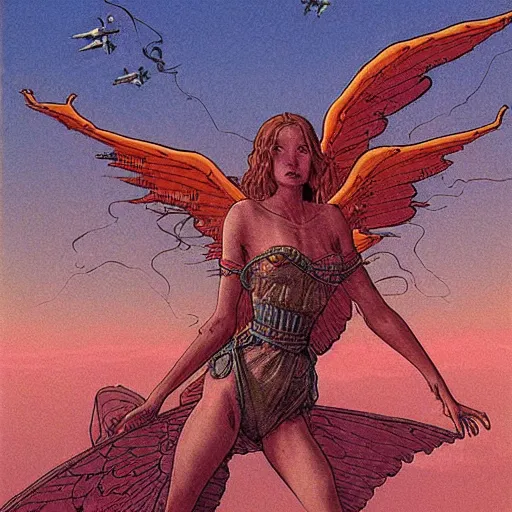 Image similar to a girl riding a winged demon flies over hell art by moebius