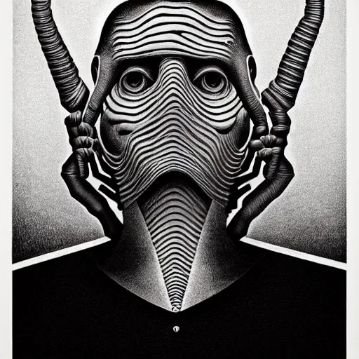 Prompt: airbrush and mono print polish poster conceptual figurative post - morden monumental portrait made by escher and giger, highly conceptual figurative art, intricate detailed illustration, illustration sharp geometrical detail, vector sharp graphic, controversial poster art, polish poster art