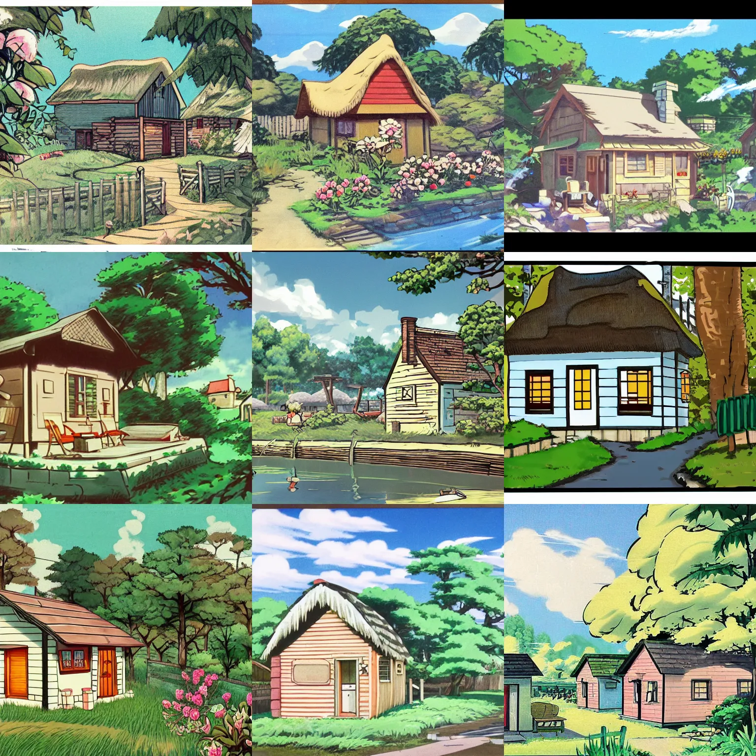 Prompt: idyllic cottage, 1950s, in anime style