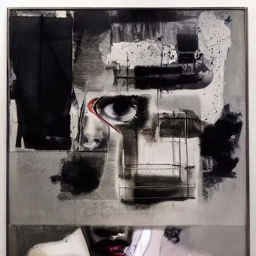 Image similar to The performance art is an abstract portrait of a woman. The woman's face is divided into two halves, one half is black and the other is white. The woman's eyes are large and staring. The performance art is full of energy and movement. electric, Still Life by Robert Rauschenberg mild