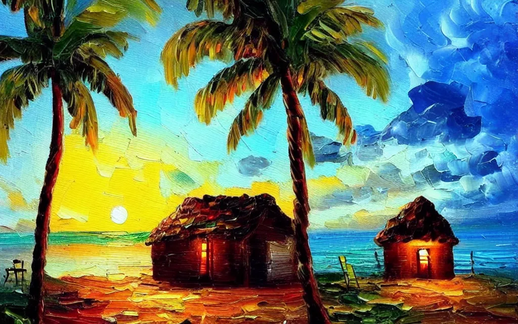 Prompt: a very very small island! cute cozy cottage!! and lanterns!!!, chairs, fireplace, palm trees, dark very late evening cloudy sunset, dramatic and dynamic lighting, thick brush strokes oil impasto painting