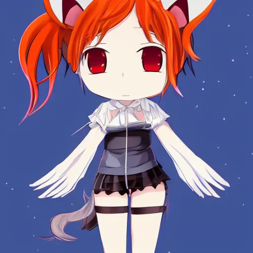 Image similar to portarait anime chibi smiling girl with cat ears, redhead, floating on a cloud, trending on artstation , high resolution, highly detailed