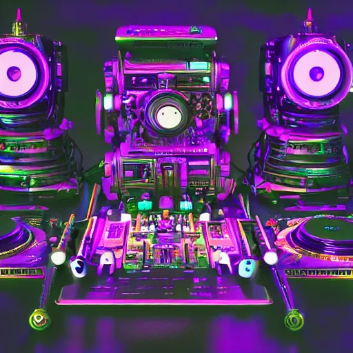 Image similar to album art, text : roborock, 3 steampunk robot drones with robot arms on a dj desk with a cd mixer, 8 k, flourescent colors, halluzinogenic, multicolored, exaggerated detailed, front shot, 3 d render, octane