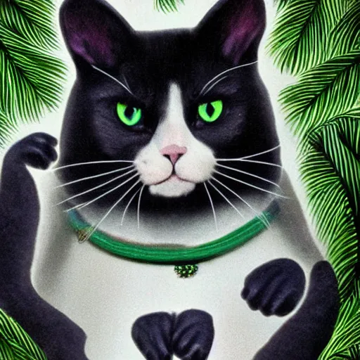 Image similar to white cat with black parts in fur, with green eyes holding planet earth with paws, the planet is on fire