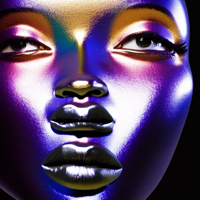Image similar to portrait of iridescent metallic face, african woman, reflections, smooth, proud looking away, outdoor, blue sky, 8 k, realistic, depth of field, highly detailed, award winning photography, by richard mosse
