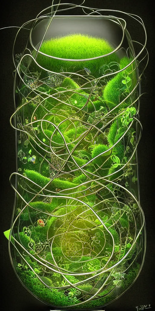 Prompt: graphic of enchanted terrarium, vines wrap around the terrarium, water flows inside the terrarium, digital art, highly detailed illustration, Yoshitaka Amano, golden ratio, rule of thirds