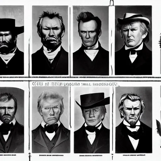 Image similar to an 1 8 0 0 s photo of donald trump playing the role of clint eastwood, squinting at high noon, in the style of a clint eastwood movie, the good, the bad and the ugly, distinguished, clint eastwood, vibe, glory days, mount rushmore, stern, resolve, formal, justice, american flag, independence, patriotism, symmetry, centered, balance