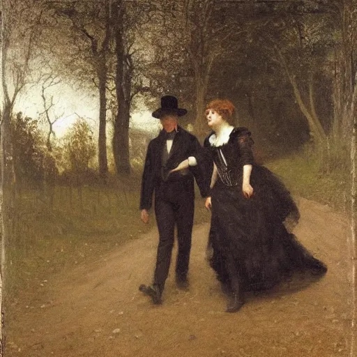 Image similar to young victorian man and woman traversing a dark maze, by alfred stevens