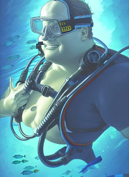 Prompt: underwater scuba diver eric pickles, natural lighting, path traced, highly detailed, high quality, digital painting, by don bluth and ross tran and studio ghibli and alphonse mucha, artgerm