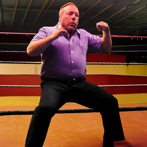 Prompt: alex jones in a wrestling ring shouting