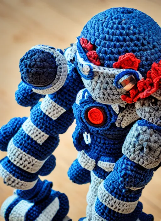 Image similar to a crochet mecha with rocket launchers, realistic, no cropping, full body, Sigma 50 mm f/1.4