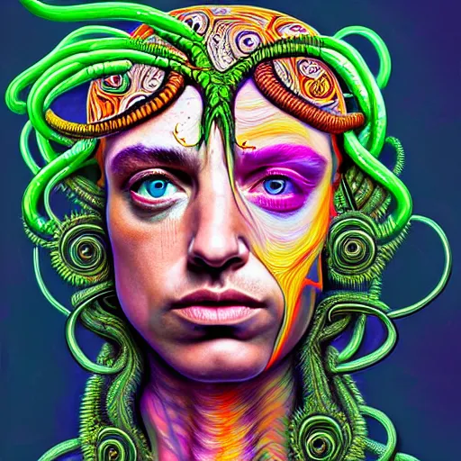 Image similar to an extremely psychedelic portrait of medusa as joe rogan, surreal, lsd, face, detailed, intricate, elegant, lithe, highly detailed, digital painting, artstation, concept art, smooth, sharp focus, illustration