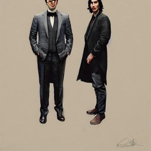 Image similar to painting of both john oliver and adam driver together, john oliver in front, full body, elegant, beautiful, highly detailed, centered, dark, smokey, digital painting, concept art, smooth, sharp focus, illustration, deviant art, art by artgerm, art by greg rutkowski, art by alphonse mucha