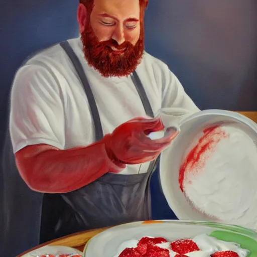 Image similar to painting of redhead bearded boyfriend making strawberry shortcake topped with whipped cream