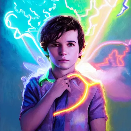Prompt: a stylized portrait of a young boy with wavy brown hair and green eyes as a wizard, stylized, arcane magic, blue and purple vapor, neon color, vivid color, lens flare, volumetric light from below, background by justin gerard, art by raymond swanland + marc simonetti + greg rutkowski + harumi hironaka + guy denning
