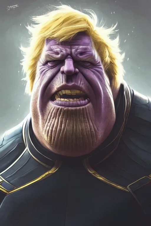 Image similar to Boris Johnson as Thanos, claws are up, X-man costume, Boris Johnson hairstyle, calm, grumpy, portrait, masculine figure, highly detailed, digital painting, artstation, concept art, smooth, sharp focus, illustration, cinematic lighting, art by artgerm and greg rutkowski and alphonse mucha