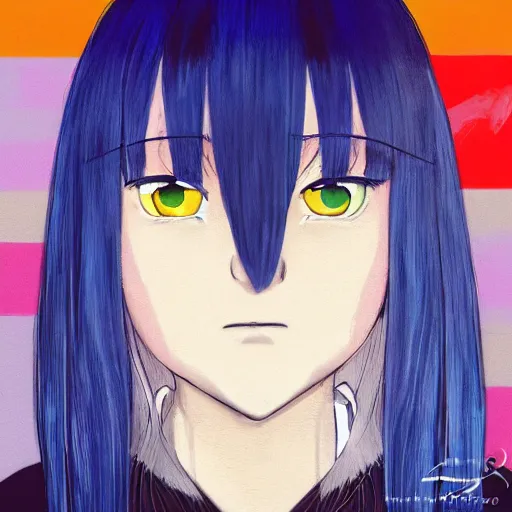 Prompt: profile shot of rimuru tempest, sky blue straight hair, long bangs, gold eyes, smug, wearing a black jacket with white stripes, high collar, ultra detailed, brush strokes, digital painting, cinematic, wlop, closeup, pixiv, color block, eerie, scary, yoshitaka amano, andy warhol, junji ito