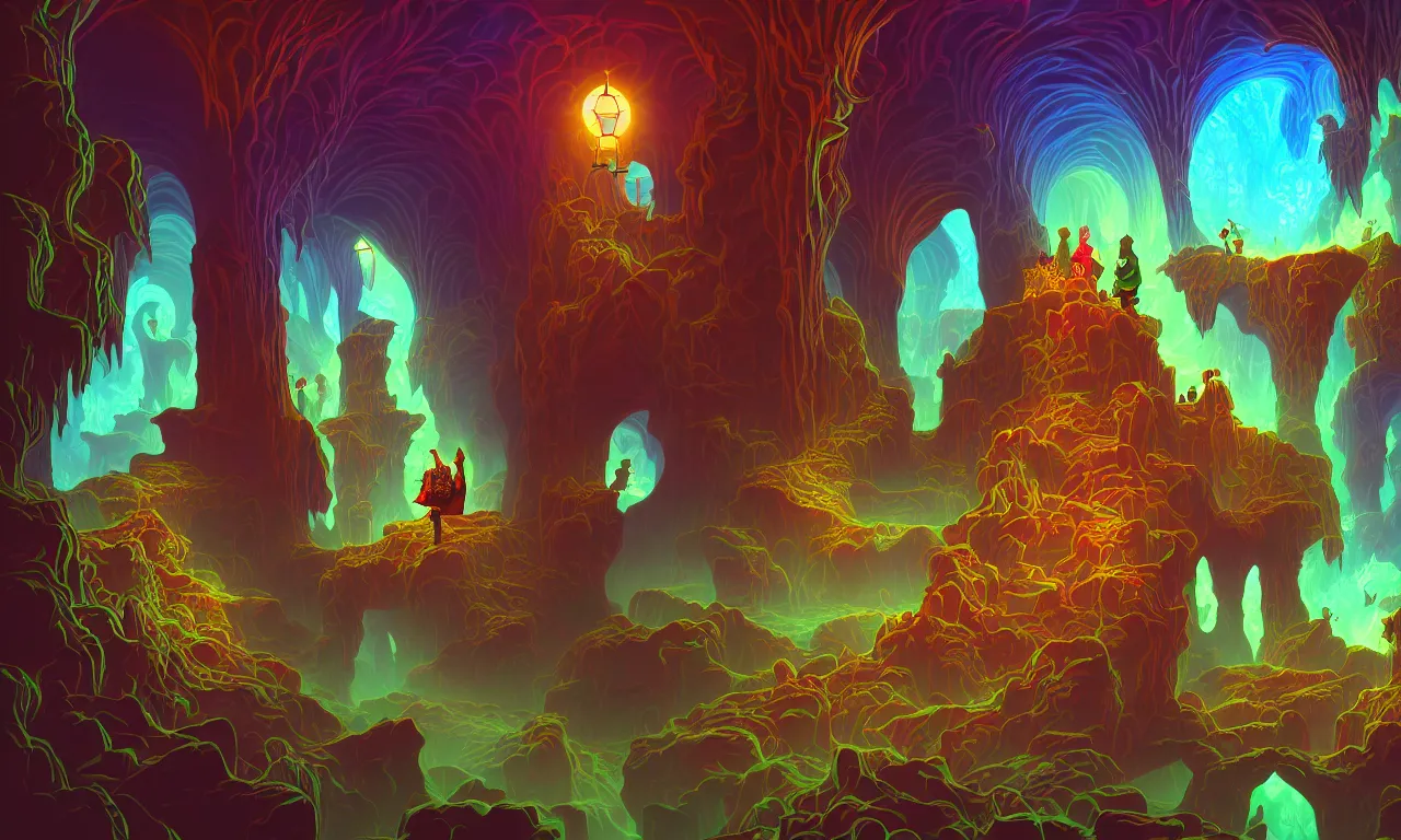 Image similar to large kerberos realm, wizard issues ticket close up, reading a directory, colorful ravine, 3 d art, digital illustration, perfect lighting