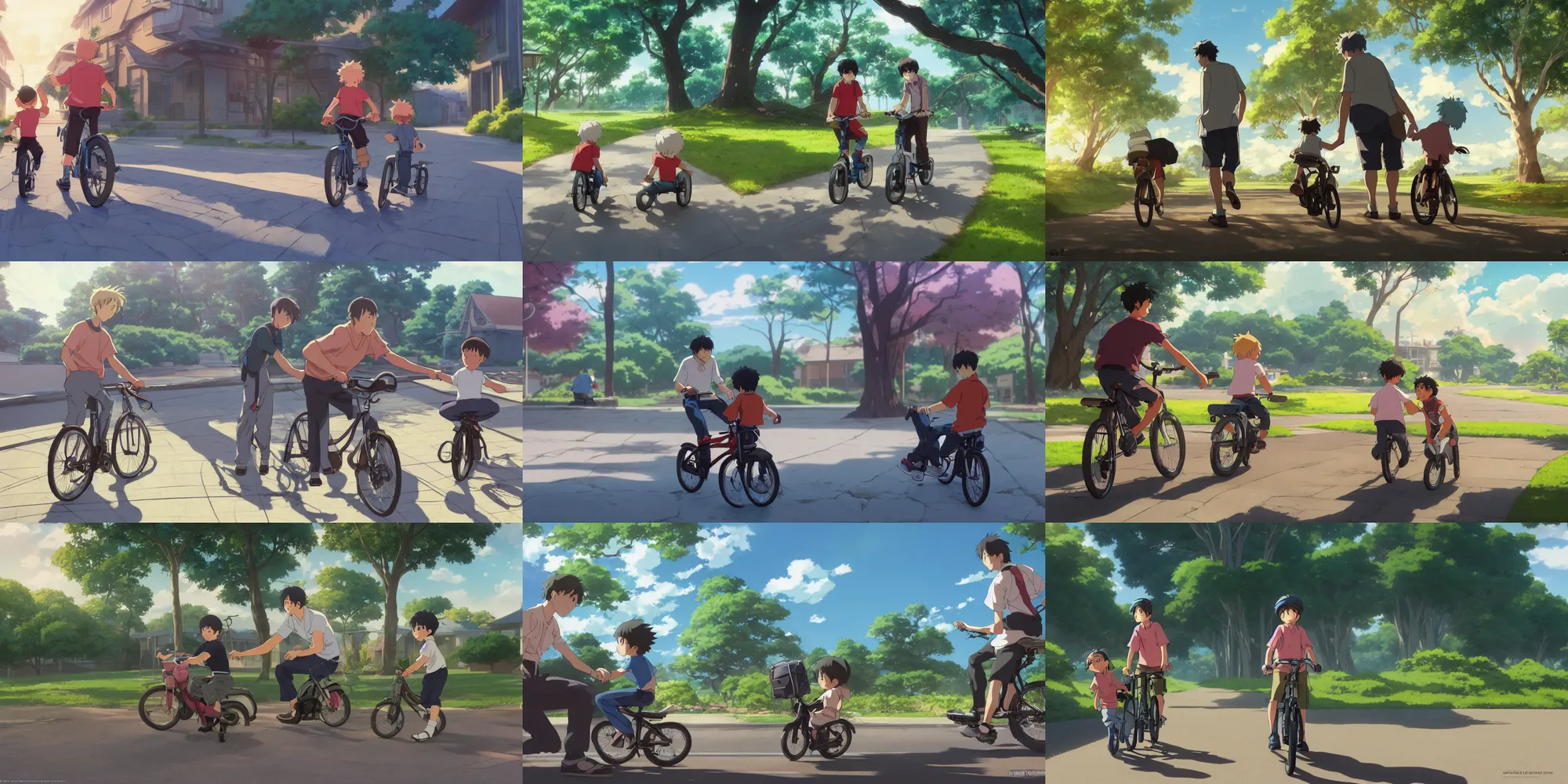 Prompt: a wholesome anime key shot of a father helping his son learn how to ride the bike for the first time, medium shot, waist up, studio Ghibli, Pixar and Disney animation, sharp, Rendered in Unreal Engine 5, anime key art by Greg Rutkowski, Bloom, dramatic lighting, happy, intense emotions