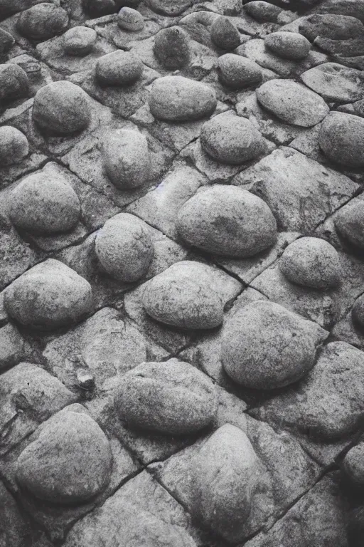 Prompt: vintage analog photograph of a gigantic stone labyrinth, a tiny female figure finding her way, warm tones, depth of field, color bleed, heavy film grain