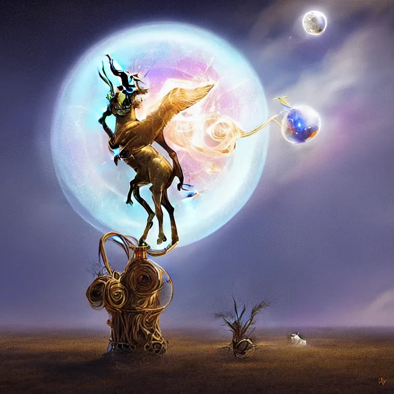 Image similar to Magical glowing sphere in midair, with a unicorn inside it. A white celestial unicorn is trapped inside the sphere. A burnt landscape is in the background. The sphere is held up by sinister rusting steel pincers that reach from the ground, and has a unicorn inside it. Digital art, by Gerald Brom