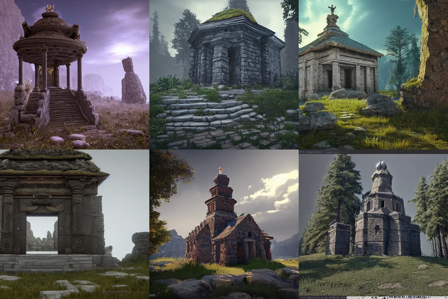 Prompt: Old Slavic temple in the mountain, rendered in Unreal Engine 4, by Dmitriy Samovskiy