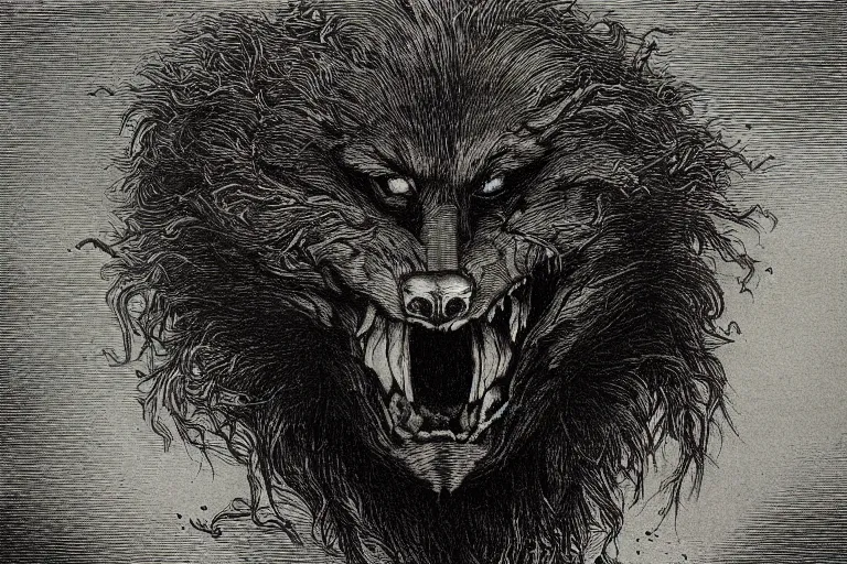 Image similar to werewolf face, Gustave Dore lithography